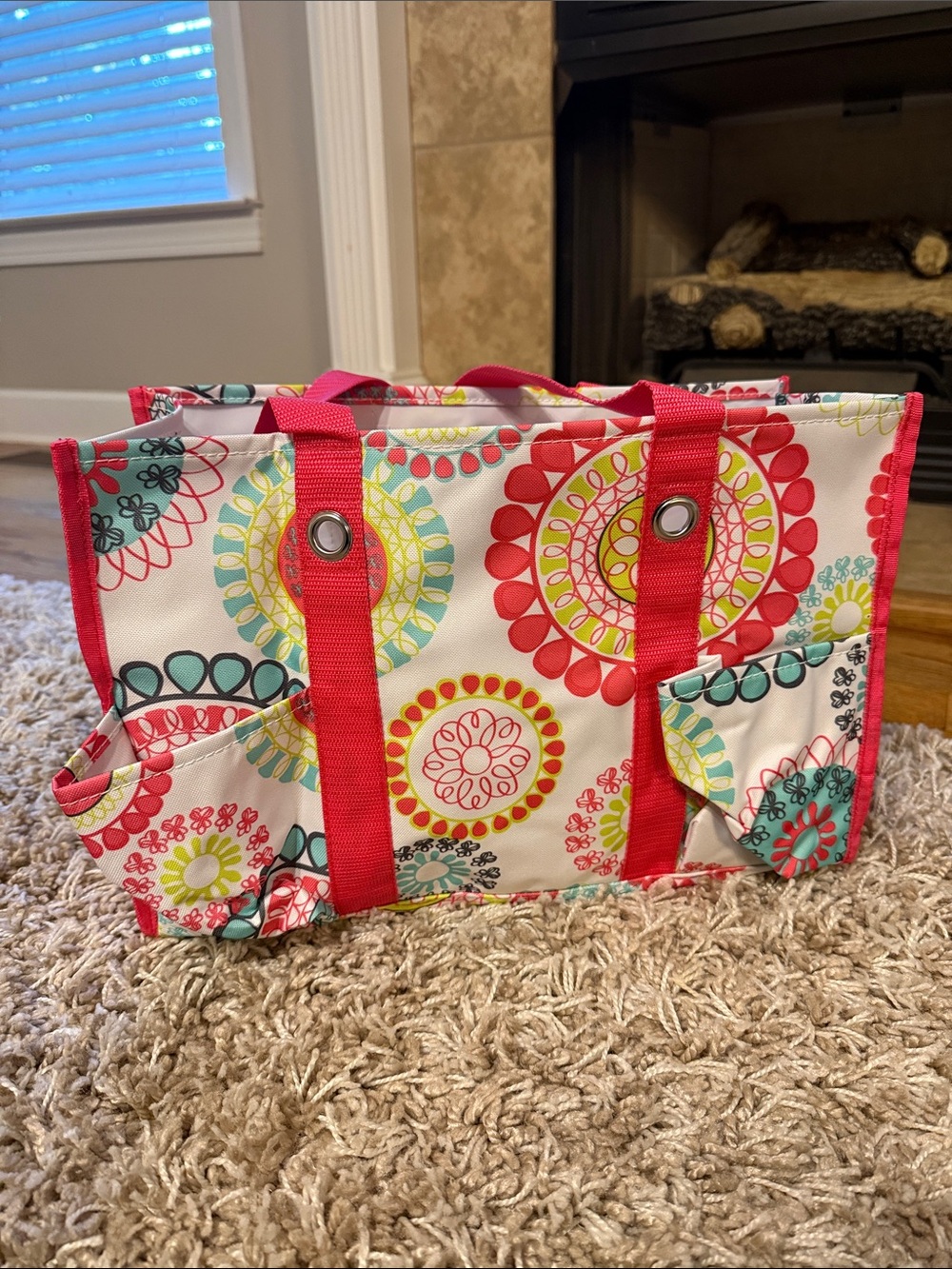 Thirty-one Floral Pattern Organizing Utility Tote Bag in Coral and Teal